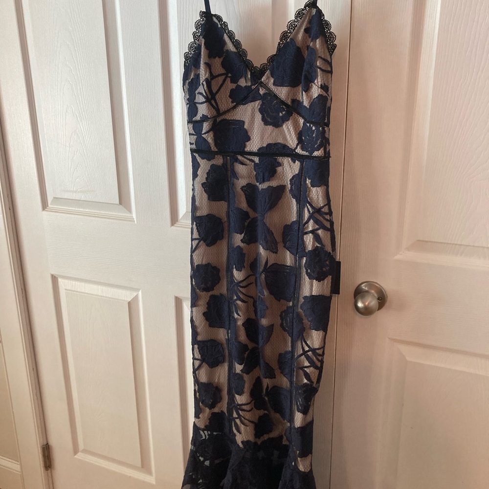 Lulu's Navy and Beige Lace Midi Dress